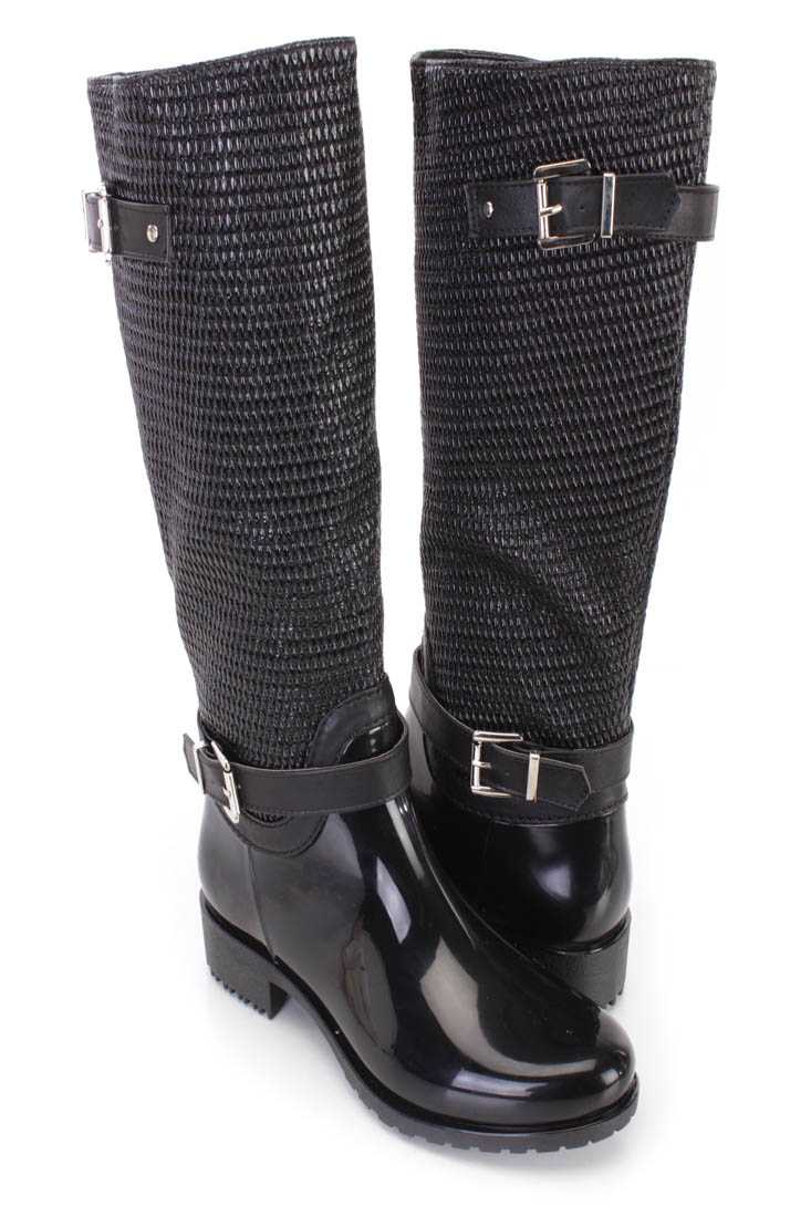 Black Textured Mid Calf Snow Boots Patent PVC