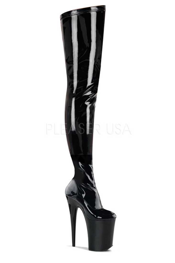 Black Stretch Crotch Platform Boots Patent