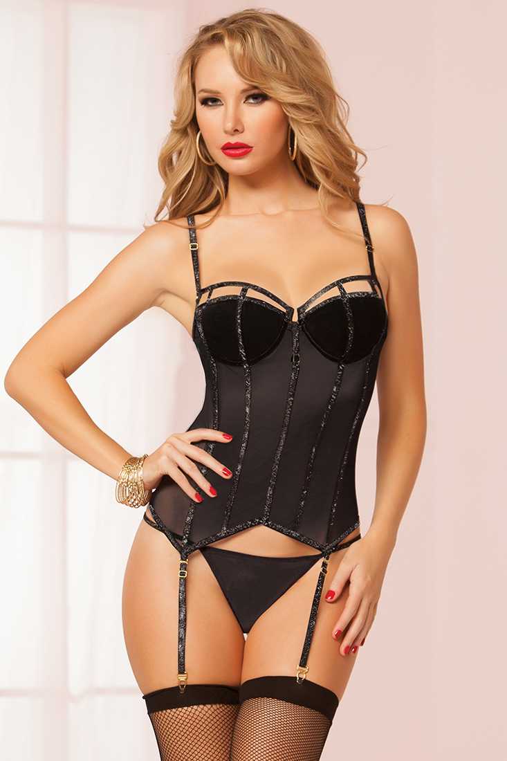 Black 2 Pc. Mesh Glitter Elastic Bustier Set