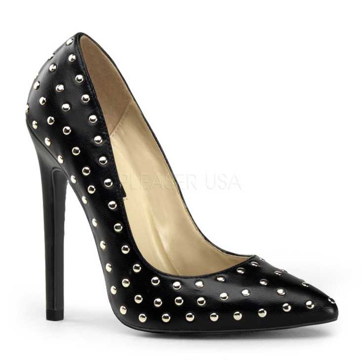Black Studded Leather Single Sole Pump High Heels