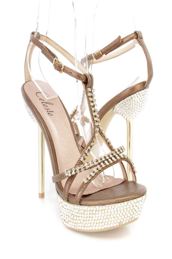 Gold Rhinestone Strappy Platform High Heels Faux Leather