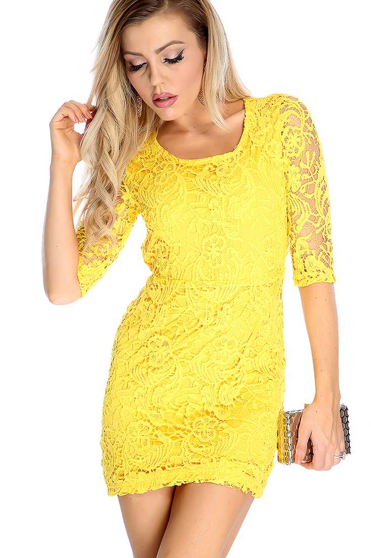 Marigold Floral Crochet Quarter Sleeve Party Dress