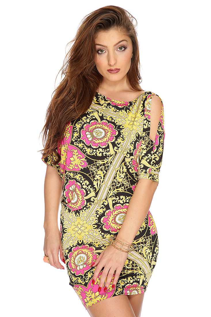 Fuchsia Black Short Sleeves Printed Sexy Club Wear Dress