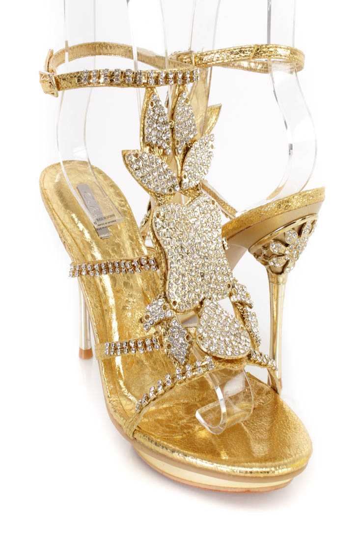 Gold Rhinestone Pendant Strappy Heels Faux Leather