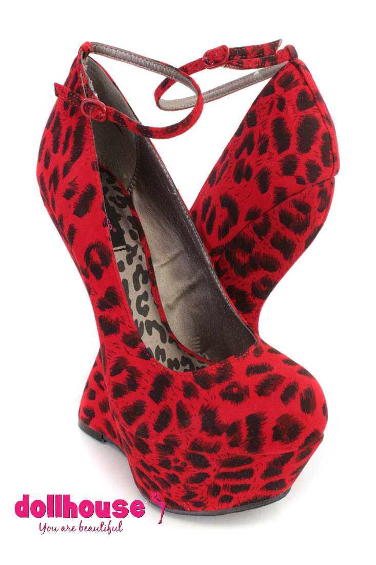 Red Leopard Print Ankle Strap Curved Wedges Faux Suede