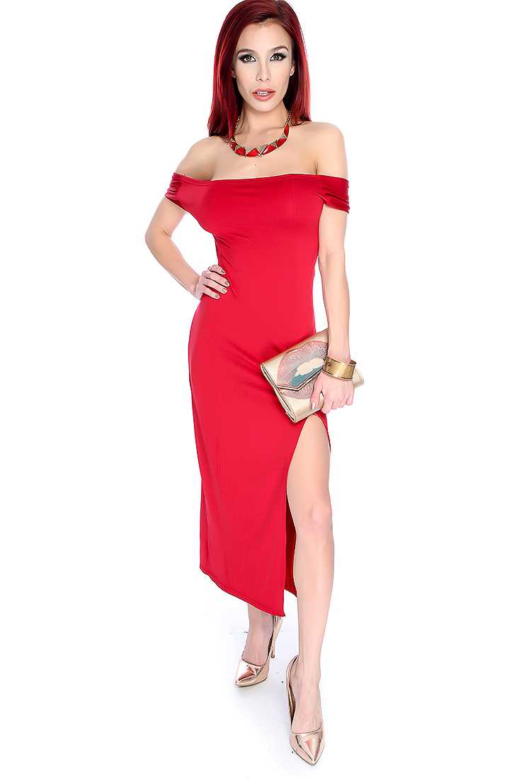 Sexy Wine Off the Shoulder Side Slit Cocktail Dress