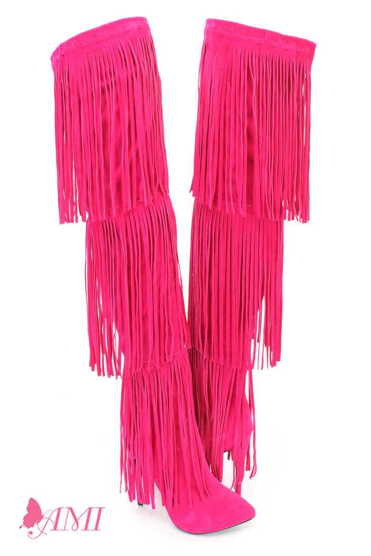 Hot Pink Fringe Thigh High Heel Boots Faux Suede