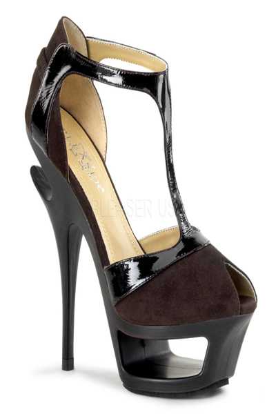 Brown Suede Patent Leather Peep Toe T-strap Platform Cut-out High Heels