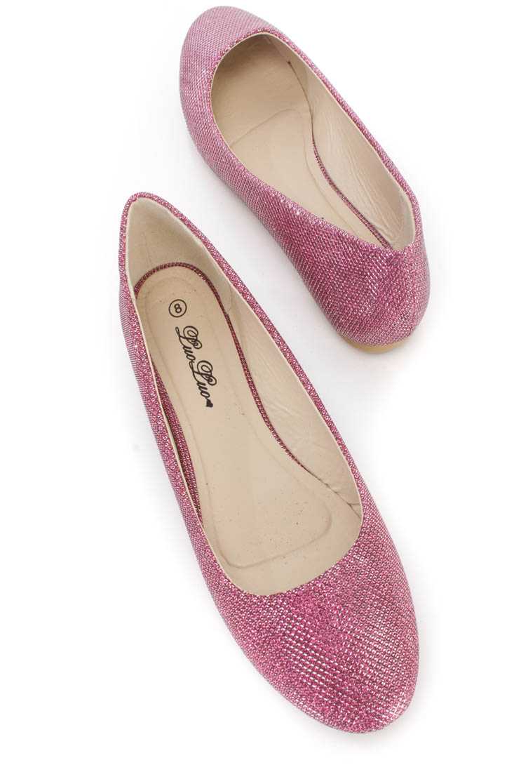 Fuchsia Round Closed Toe Flats Shimmer Fabric