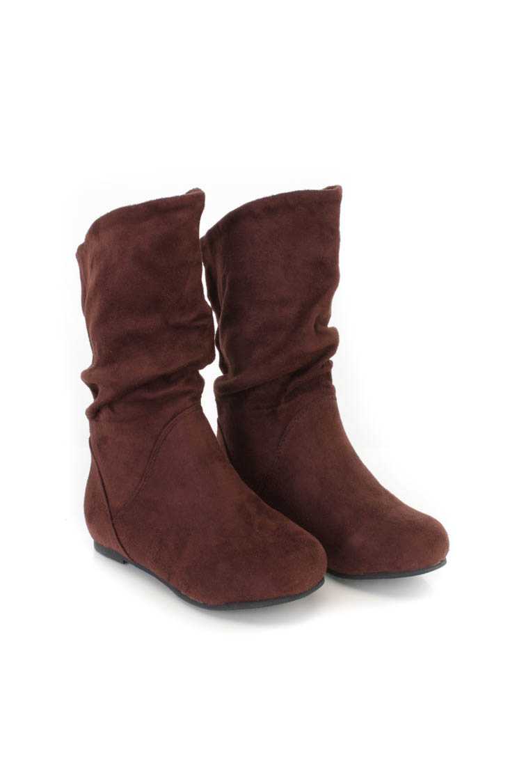 Brown Slouchy Shaft Flat Kids Boots Faux Suede