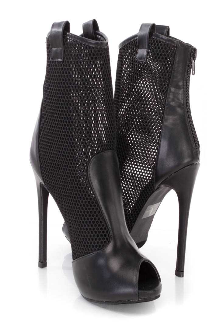 Black Netted Peep Toe Stiletto Booties Faux Leather