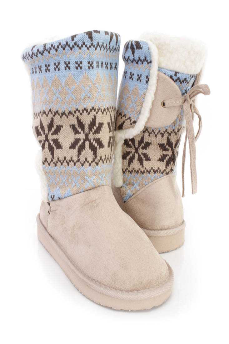 Taupe Fair Isle Knitted Casual Boots Faux Suede