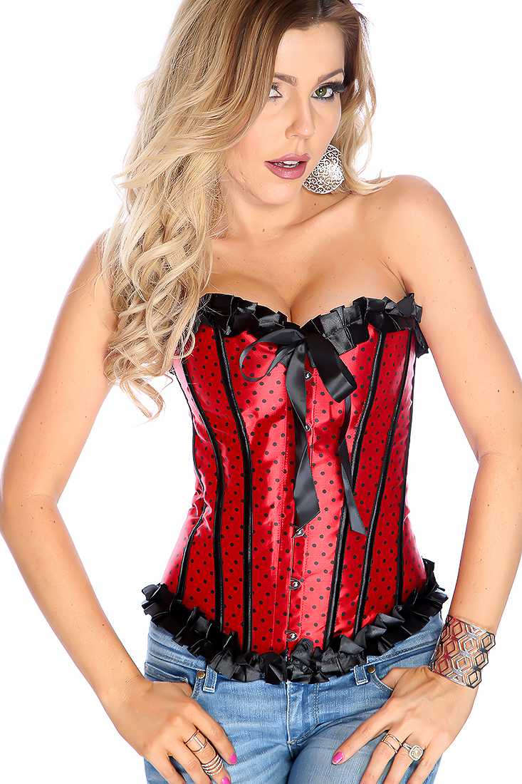 Sexy Red Black Polka Dot Bow Tie Lace Up Back Ruffle Corset