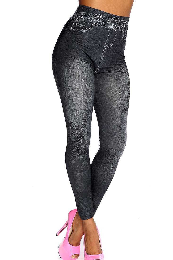 Black Guitar Print High Waist Jeggings