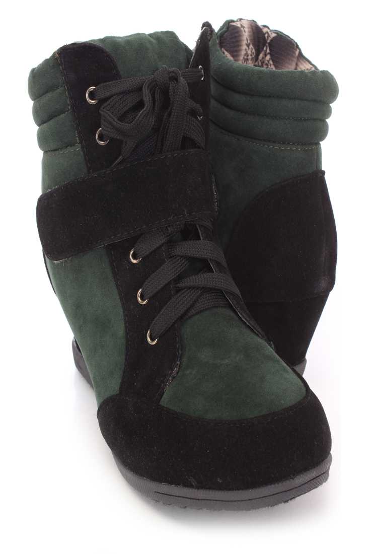 Black Green Two Tone Sneaker Wedges Faux Suede