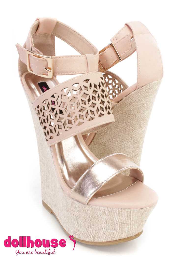 Rose Perforated Strappy Platform Wedges Faux Leather