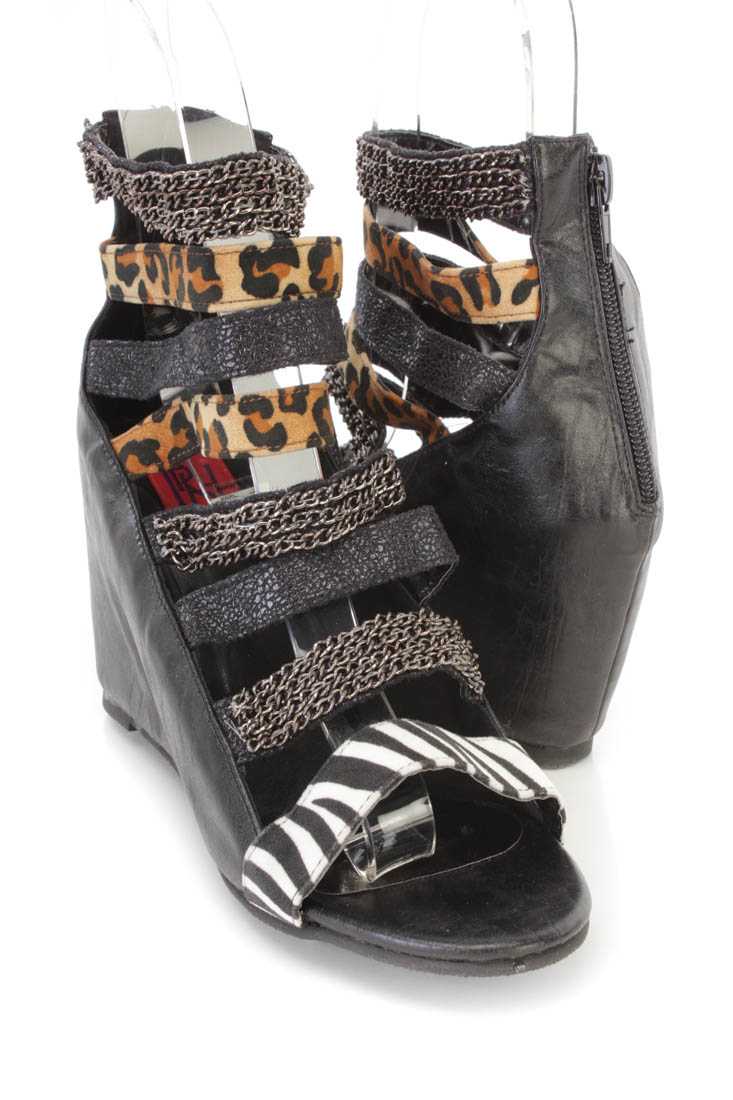 Black Strappy Single Sole Sandal Wedges Faux Leather