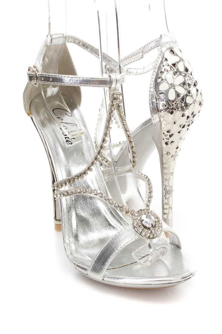 Silver Rhinestone Strappy Single Sole Heels Faux Leather