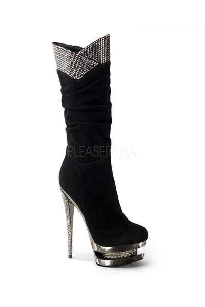 Black Faux Suede Trim Rhinestone Embellished Boots