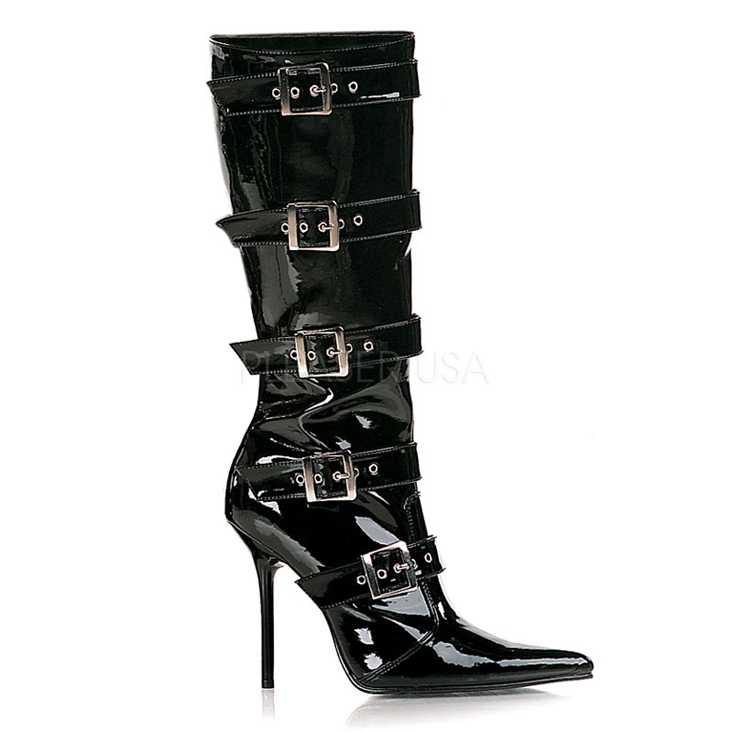 Black Buckled Strappy Knee High Boots Patent
