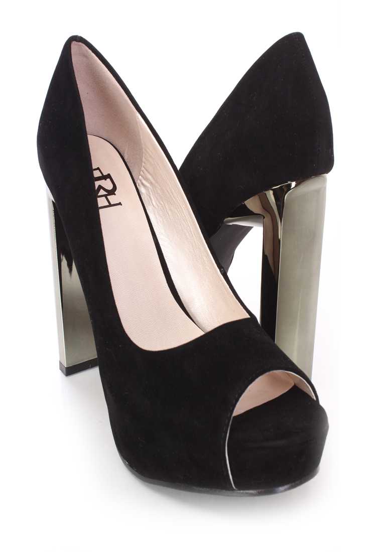 Black Peep Toe Mirrored Heels Faux Suede