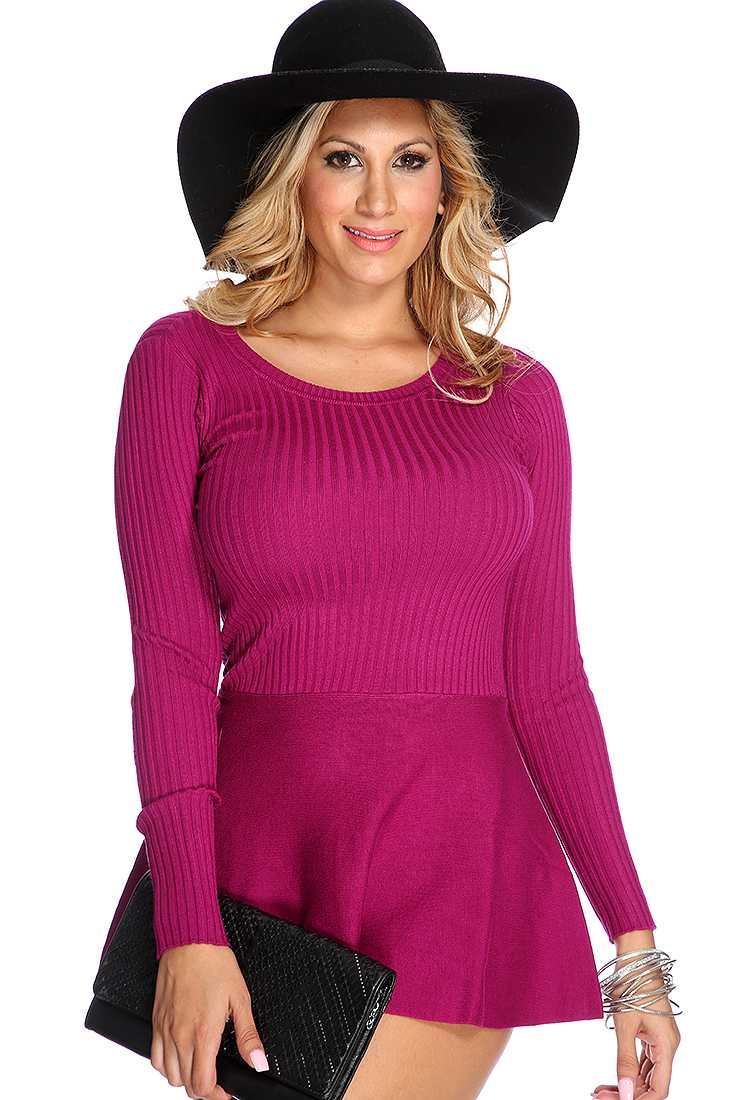Magenta Long Sleeve Ribbed A Line Sweater Dress