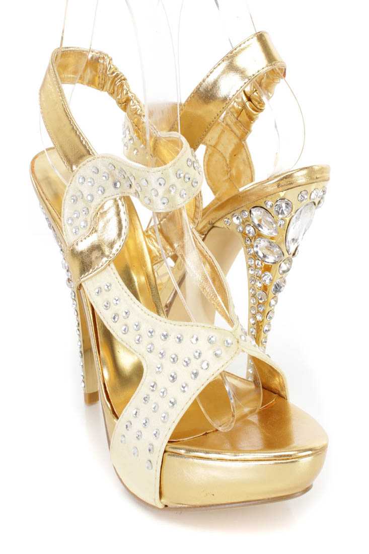 Gold Rhinestones Platform Heels Satin