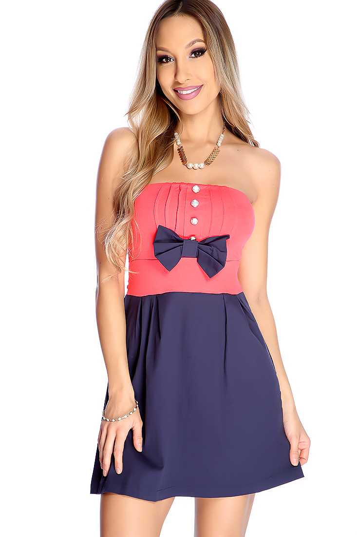 Sexy Coral Navy Strapless Bow Accent Two Tone Casual Dress