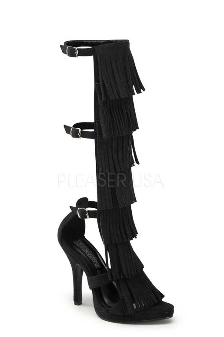 Black Fringe Tiered High Heels Faux Suede