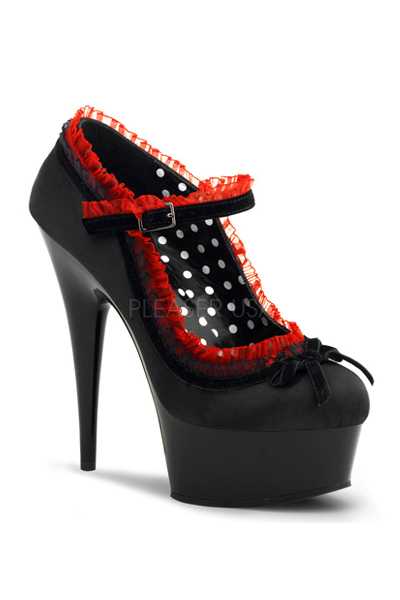 Black Satin Ruffle Trim Maryjane High Heels