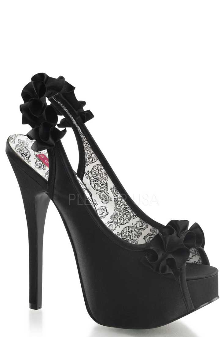 Black Ruffle Detailed Slingback Platform High Heels Satin