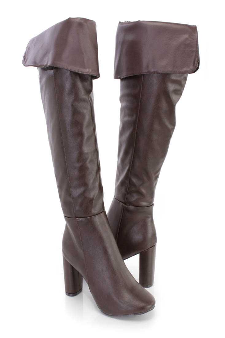 Brown Cuffed Chunky High Heel Boots Faux Leather