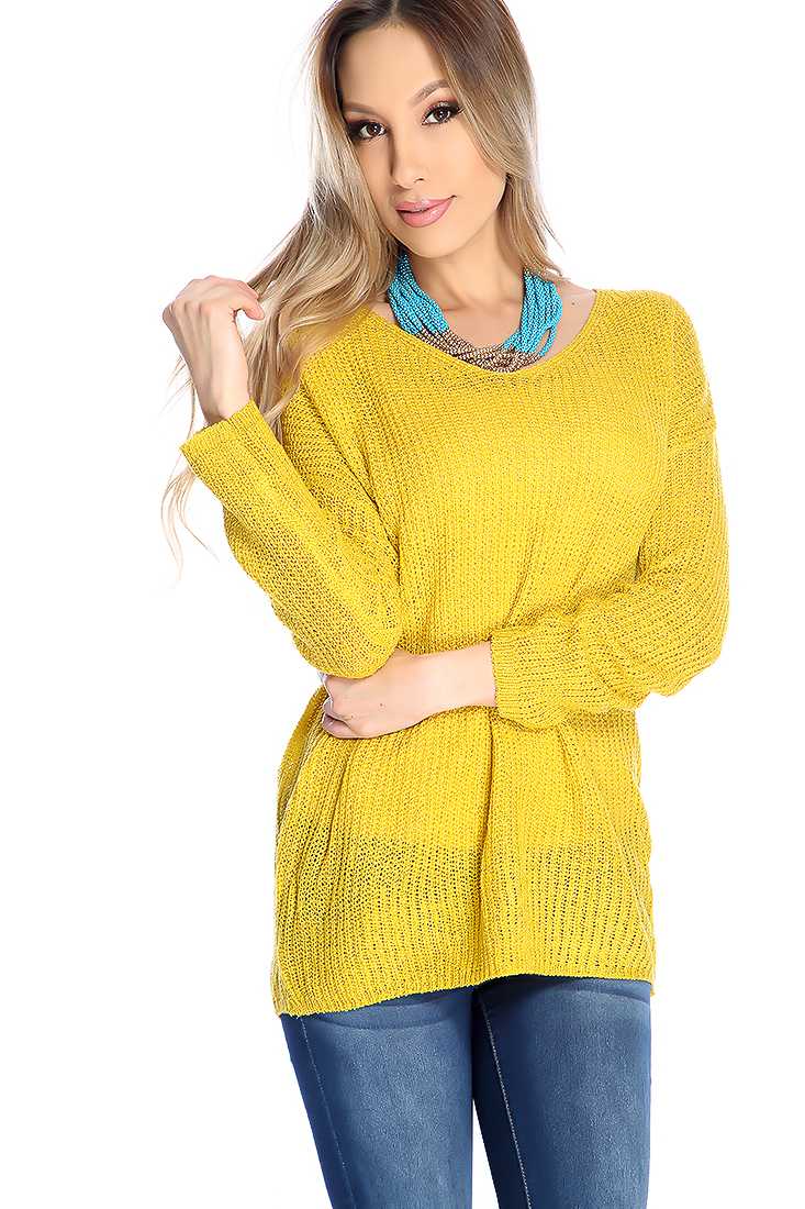 Mustard V-neck Open Knitted Long Sleeve Sweater