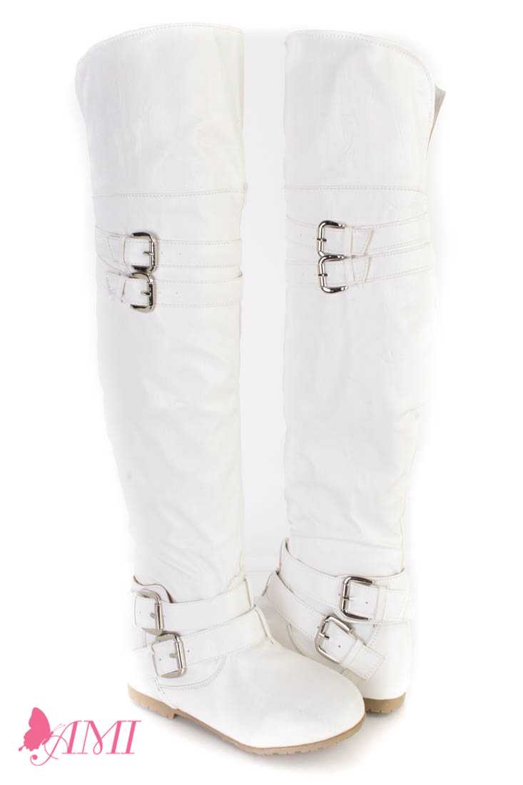 White Buckle Accents Thigh High Flat Boots Faux Leather