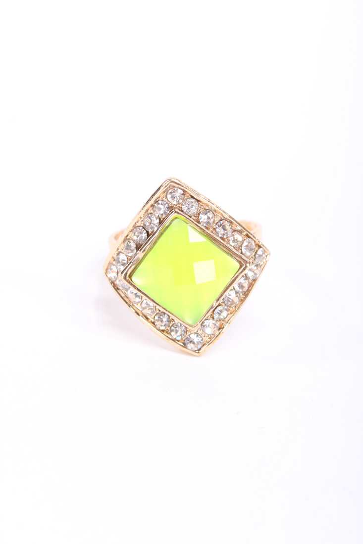 Lime Rhinestone High Polish Metal Center Stone Ring