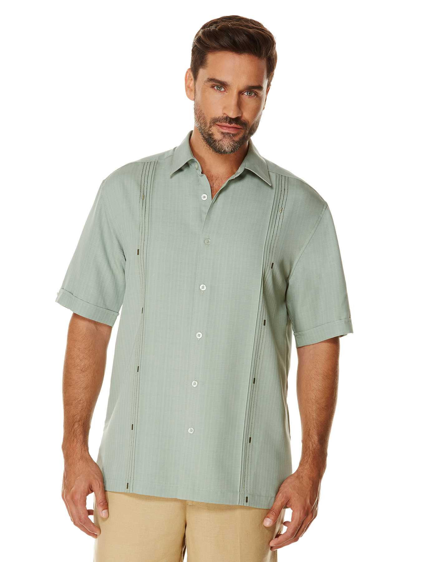 Cubavera Short Sleeve Texture  Box Pleat and Ombre Geo Embroidered Shirt