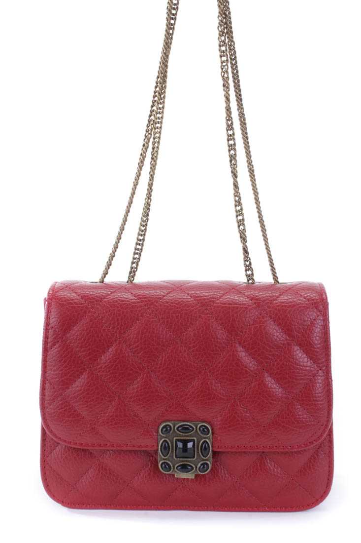 Red Quilted Texture Chain Link Strap Shoulder Handbag