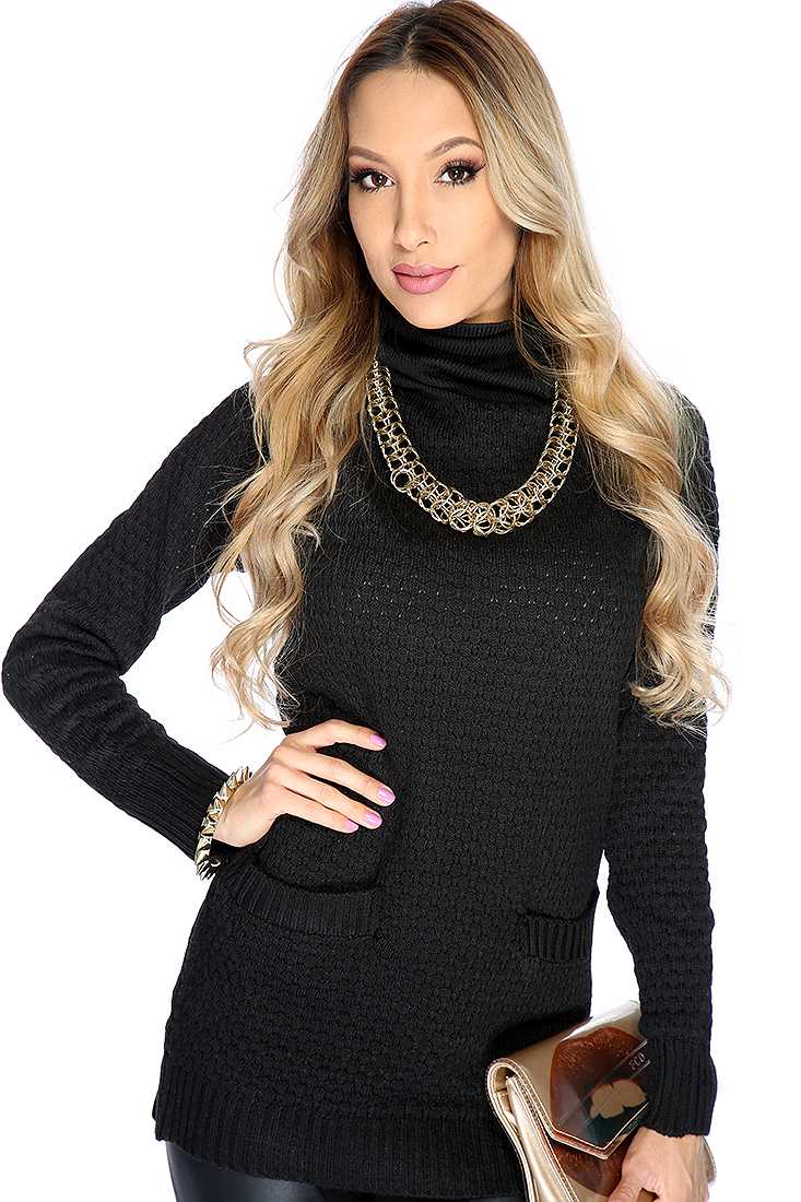 Black Long Sleeve Open Knit Cowl Neck Causal Sweater
