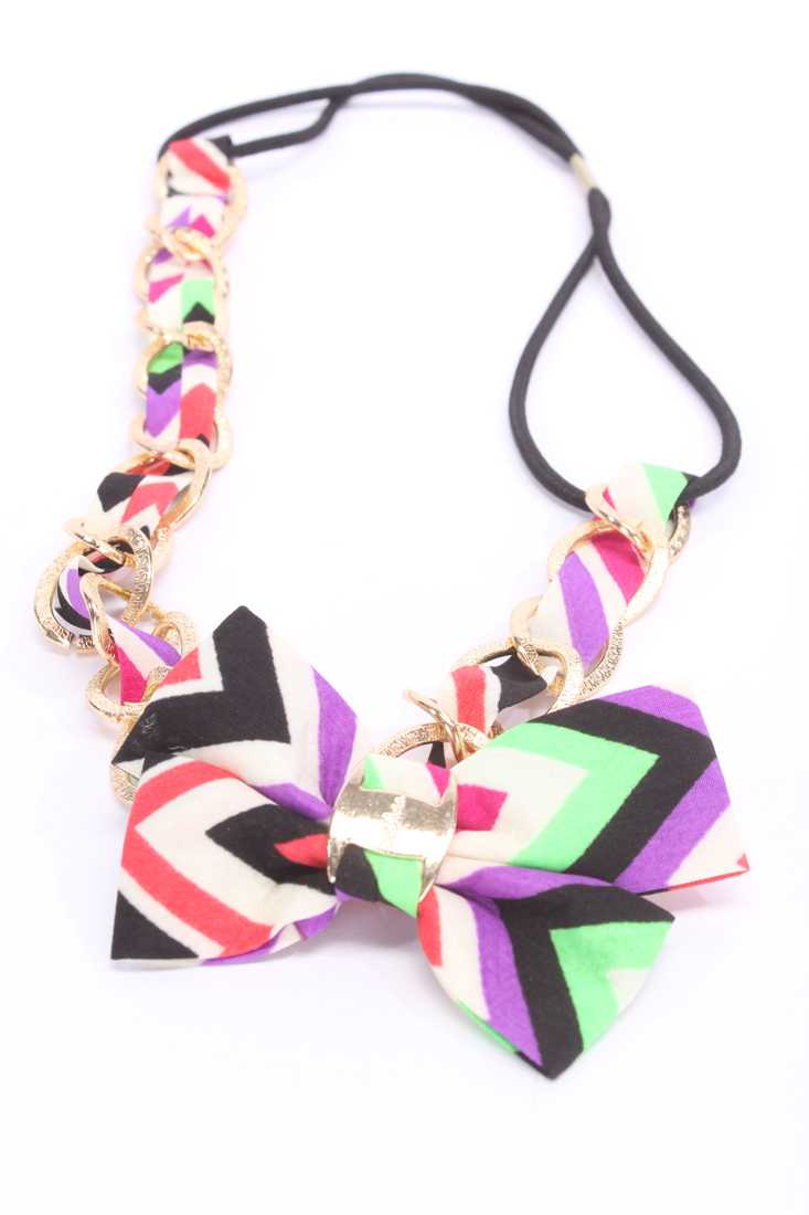 Purple Green Striped Design Bow Accent Gold Chain Head Band