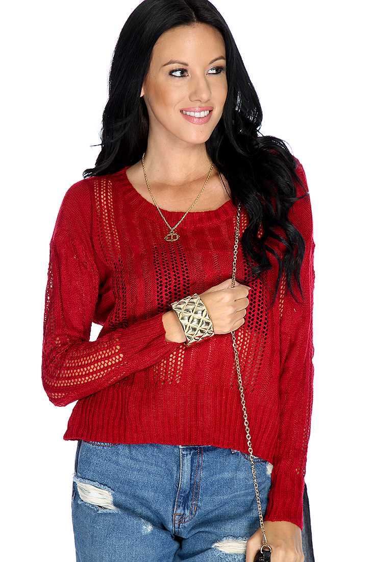 Wine Cable Open Knitted Long Sleeve Sweater Top