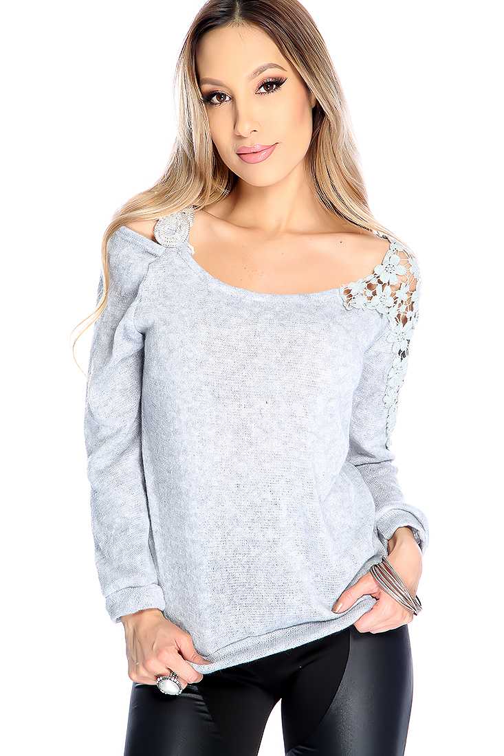 Grey Long Sleeve Floral Crotchet Detail Sweater