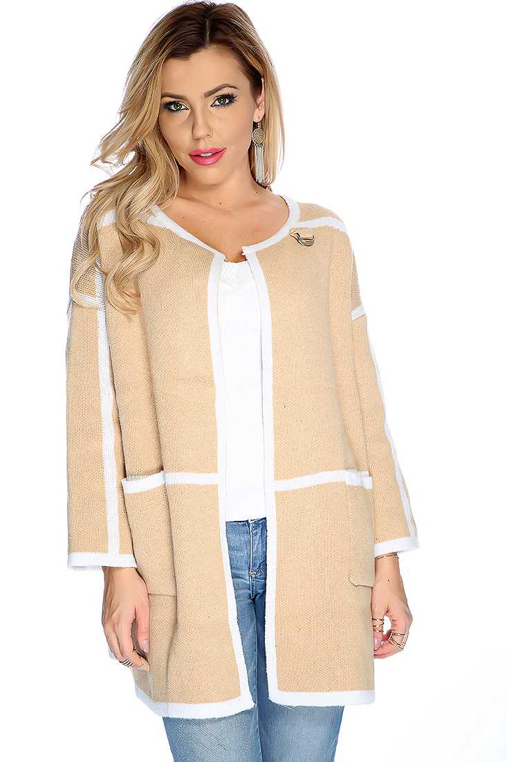 Beige Two Tone Long Sleeve Neck Buckle Closure Cardigan
