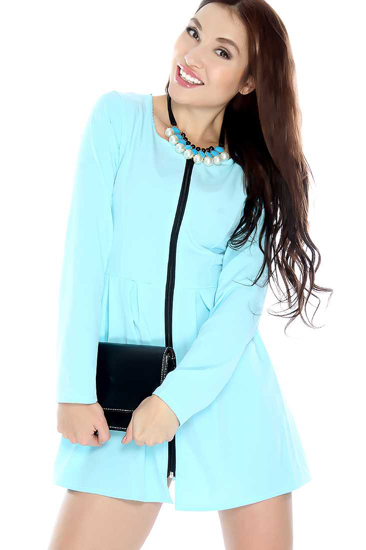 Sexy Sky Blue Long Sleeve Zip Up Front Cocktail Dress
