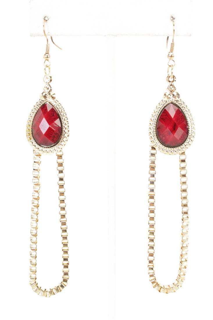 Red Gold Faceted Beaded Box Chain Dangle Earrings
