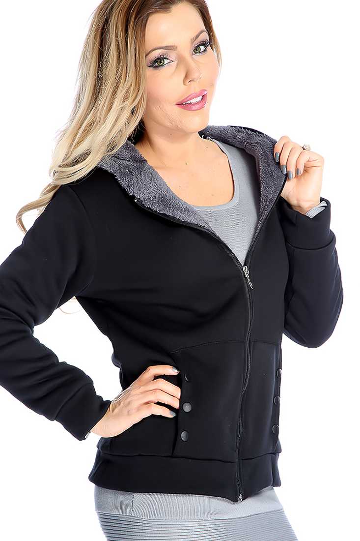 Black Front Pockets Hooded Zip Up Sweater