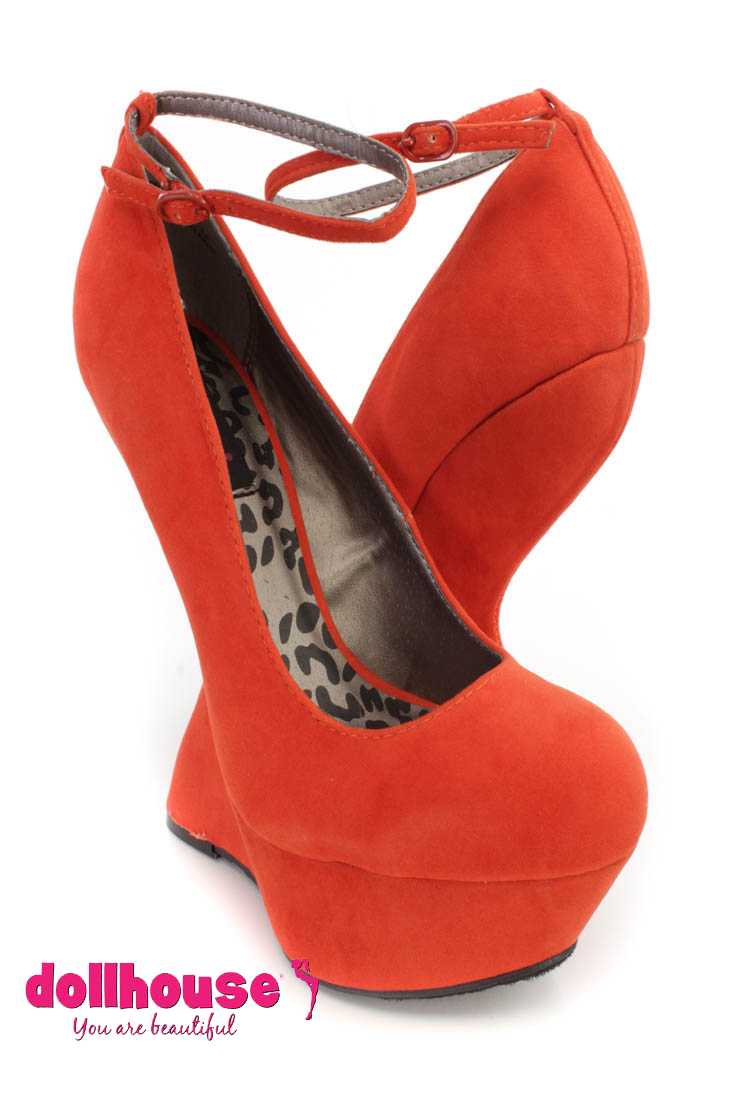 Tangerine Ankle Strap Platform Curved Wedges Faux Suede