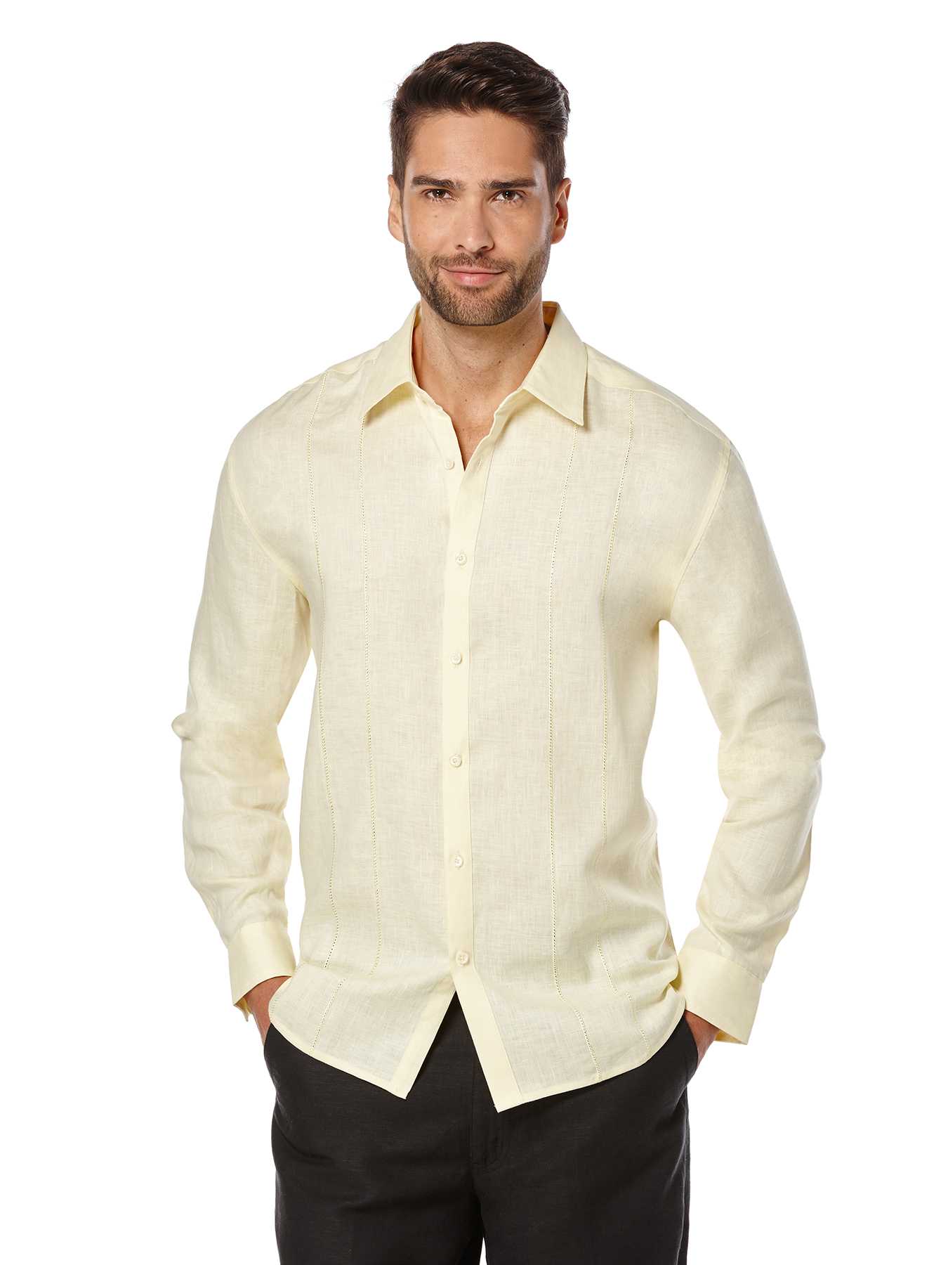 Cubavera 100% Linen Long Sleeve Panel with Embroidery Shirt