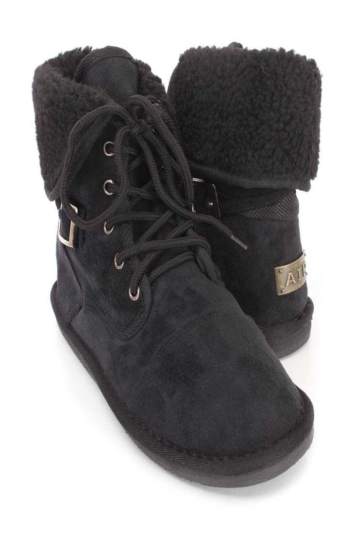 Black Lace Up Shearing Cuffed Ankle Booties Faux Suede
