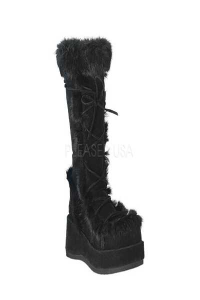 Black Faux Leather Fur Trim Knee Boots