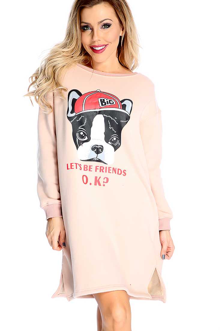 Dusty Peach Long Sleeve Plush Lining Graphic Print Sweater Dress